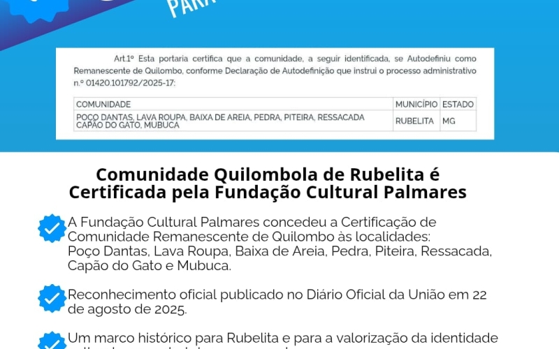 Comunidade Quilombola de Rubelita é certificada pela Fundação Cultural Palmares